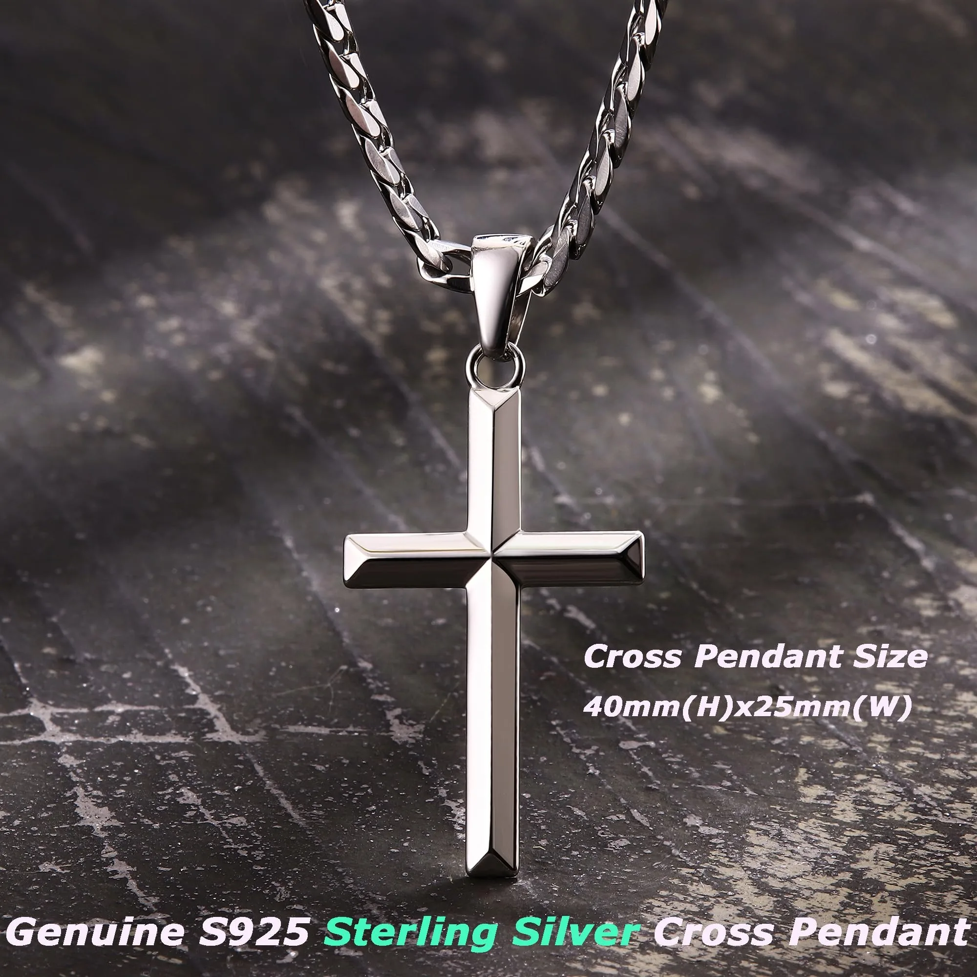Fansilver 925 Sterling Silver Cross Necklace for Men Women Stainless Steel Durable Chain Silver Crucifix Cross Pendant 18-28In - view 6