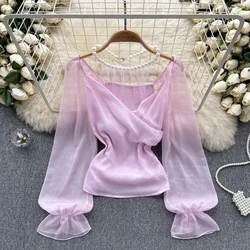 Vintage Lantern Sleeve Hollow Out Halter V-neck Blouse Elegant Korean Fashion Sexy Spring Summer Women Shirt