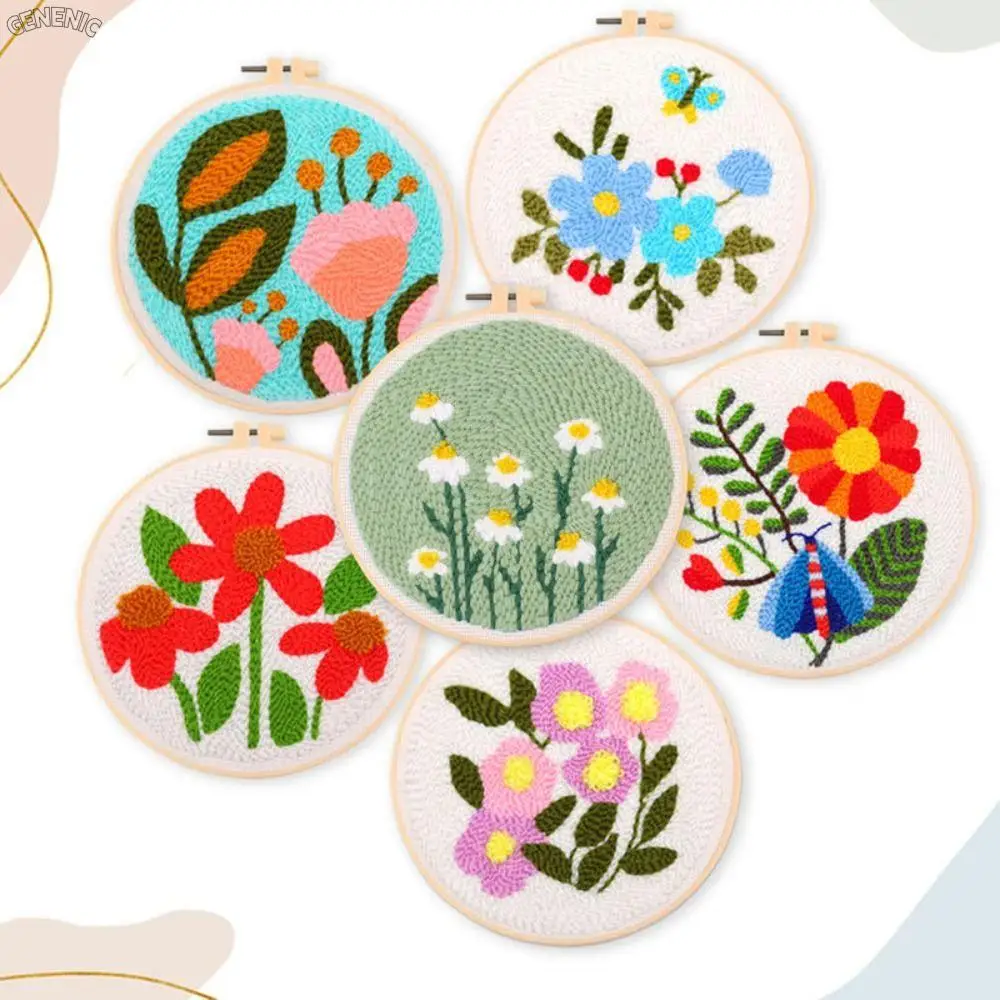 Cute Cartoon Flower Punch Needle Embroidery Kit for Beginners Soft Yarn Needlework Embroidery Set Home Decor