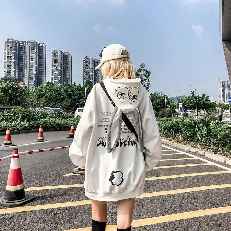 Autumn Winter Women Hoodies Harajuku Kawaii Rabbit Hoodie Sweatshirt Tops Cute Bunny Graphic Outerwear Korean Couple Hoodie 후드티