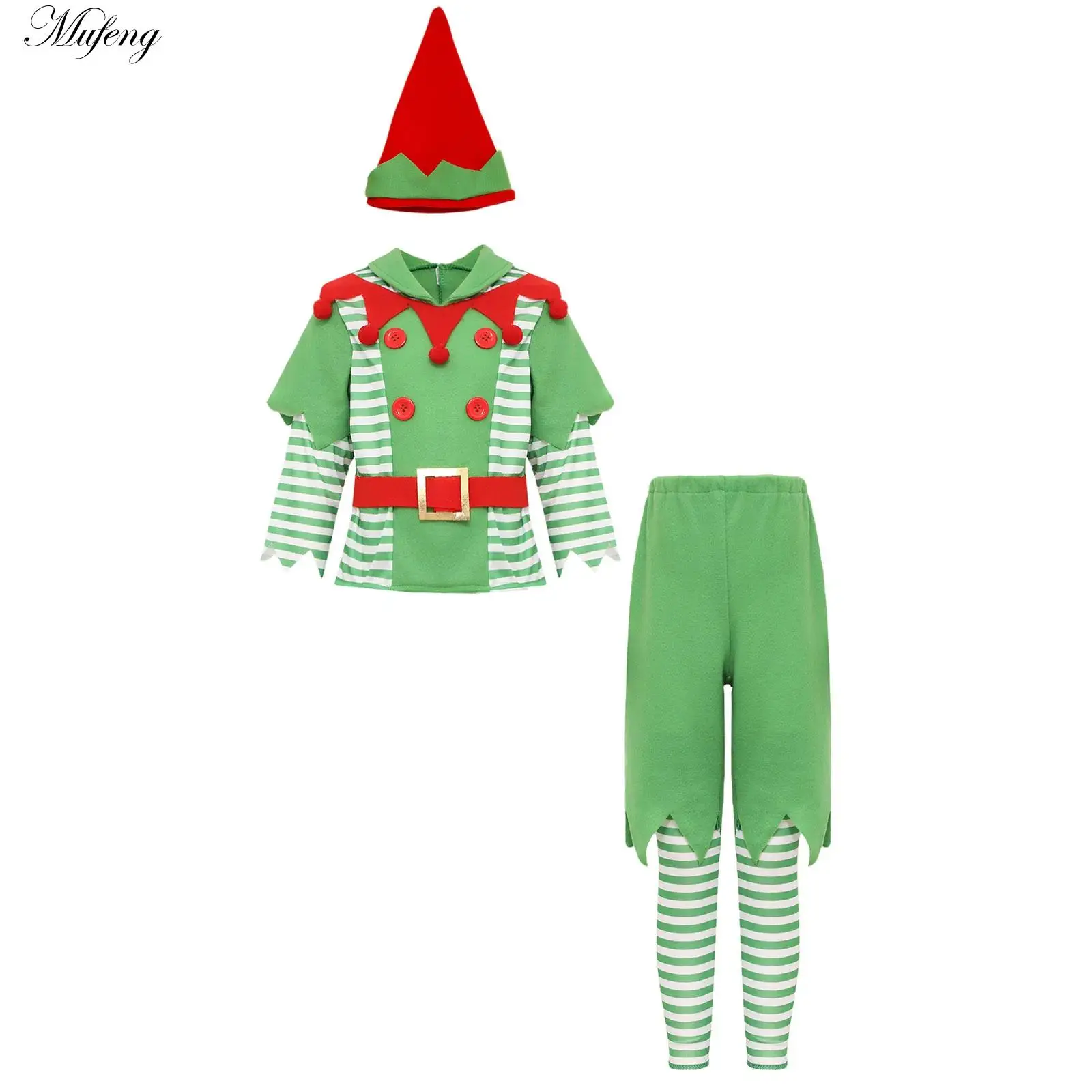 Christmas Elf Costume Boys Girls Santa Claus Outfit Long Sleeve Tops Shorts Hat Leg Warmer Party Shows Xmas Striped Clothes Set