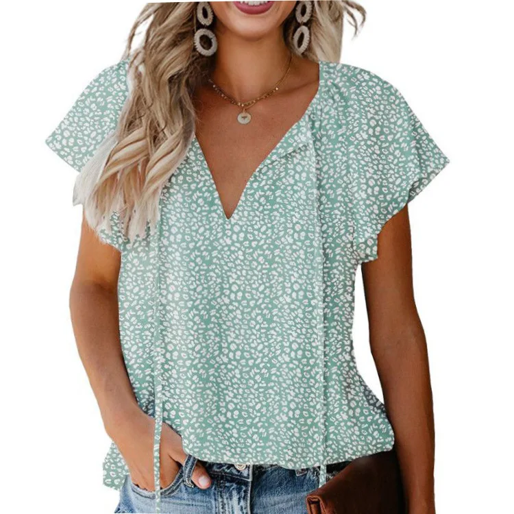 Camisa de gasa con cuello en V informal Floral para mujer, Top de manga corta suelto y Simple, Verano