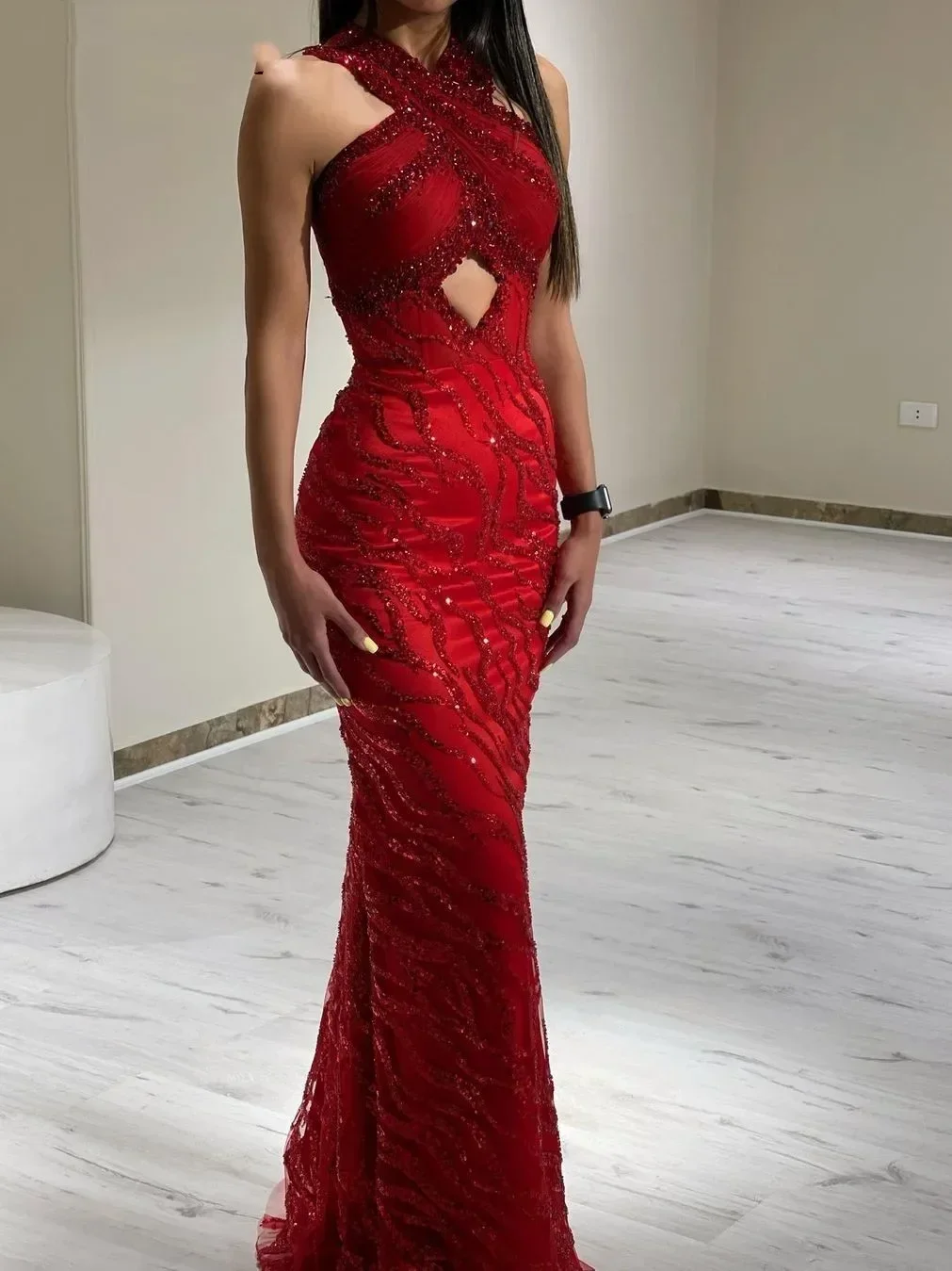 Oisslec Dress Elegant Vintage Red Sexy Mermaid Beads Lace Crystal Customize Formal Occasion Prom Dress Evening Party Gowns