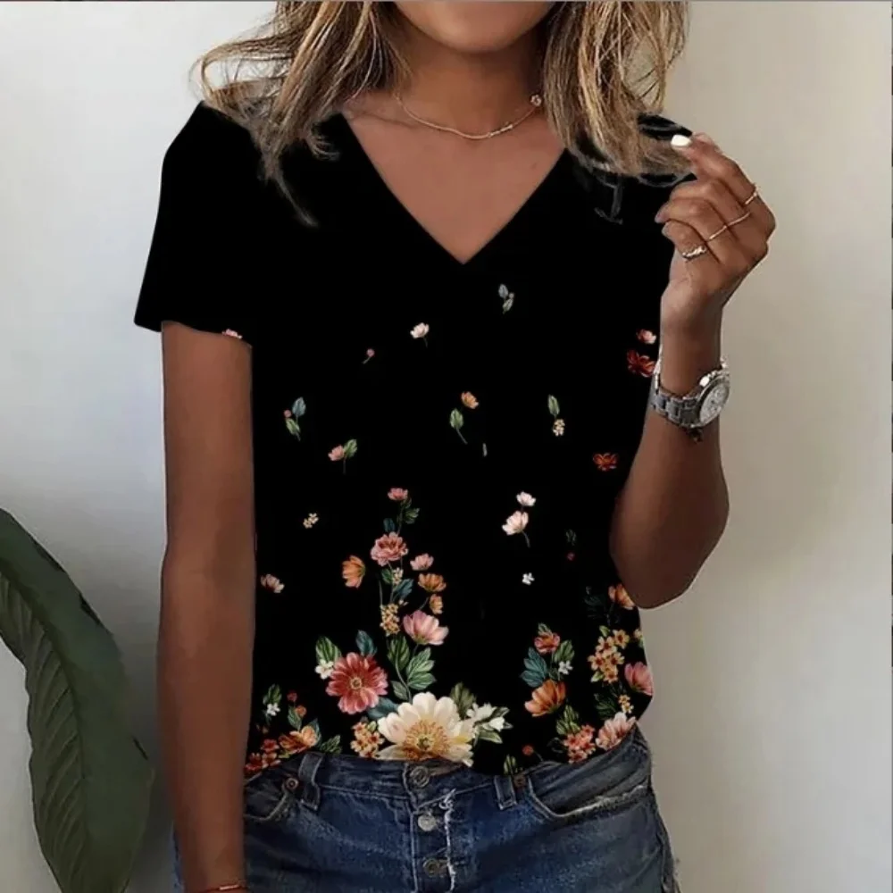 Summer New Style Floral 3D Print Casual V-Neck Women's T-Shirt Short Sleeve Fashionable Spandex Material Comfortable Fit Top