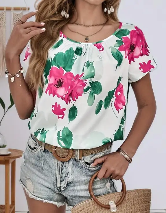 

2026 Artistic Vintage Casual Blouses Temperament Floral Print Round Neck Short Sleeve Shirt for Women's Beach Loose Summer Top