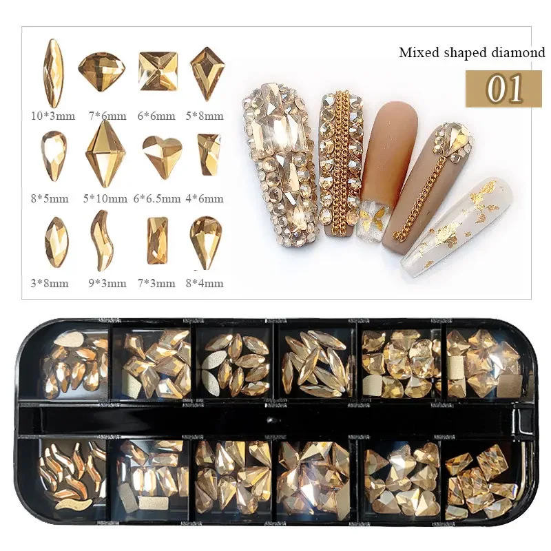 Mélange de biscuits cristal 3D pour nail art, 12 grilles, paillettes, diamant, décoration des ongles, accessoires de manucure DIY