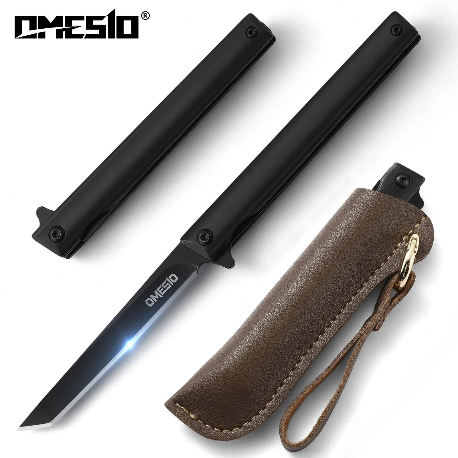 

OMESIO Slim Pocket Folding Knife, Tanto Folding Knife with Clip and Sheath, Flipper Open for Outdoor Camping and Surviva