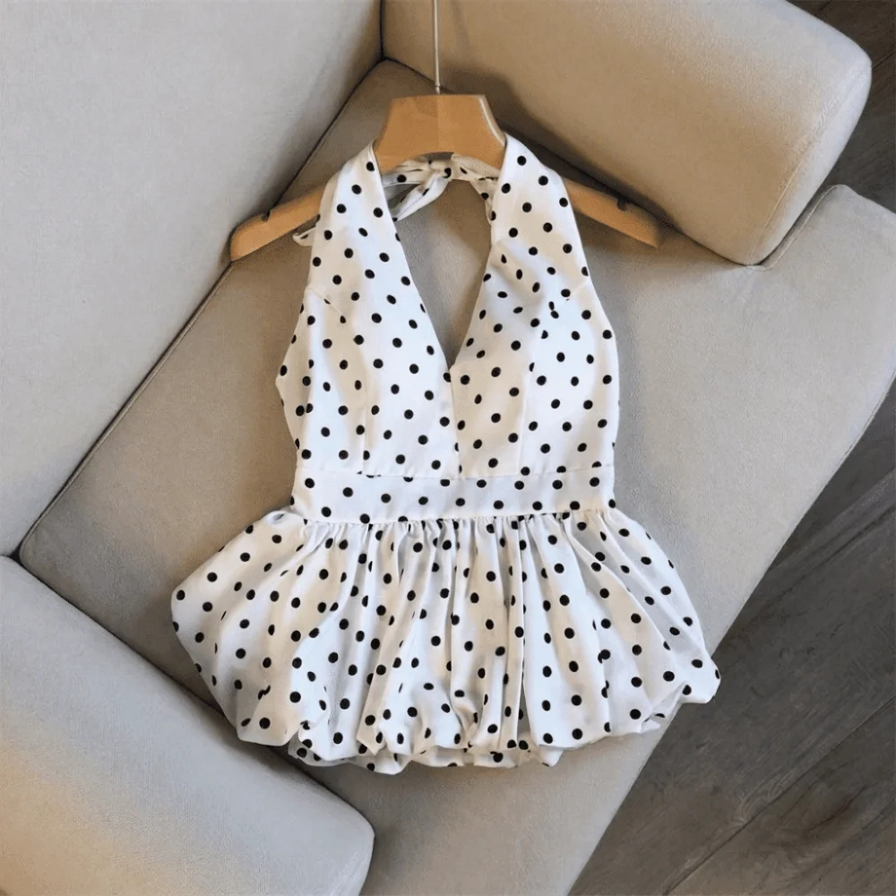Casual Neck Hanging Backless Crop Top Dot Pattern Open Back Halter Crop Top Basic Style Sleeveless Strap Top Summer