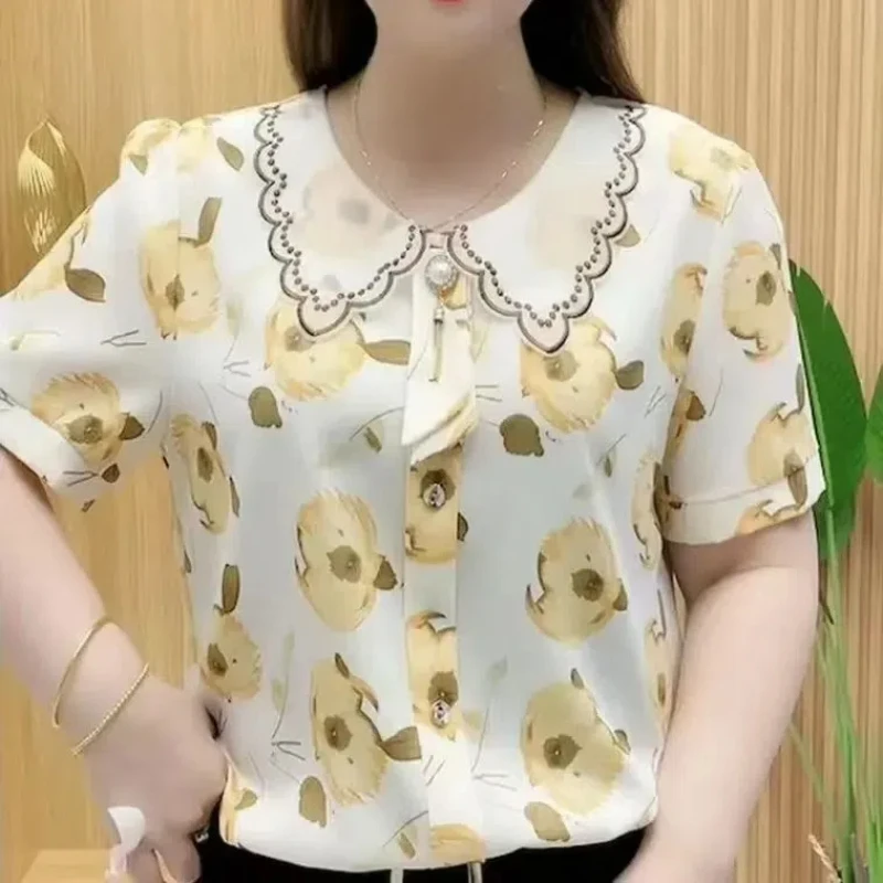 New Floral Short Sleeve Blouse Summer New Loose Printing All-match Patchwork Vintage Shirt Tops Fashion Casual Women Clothing