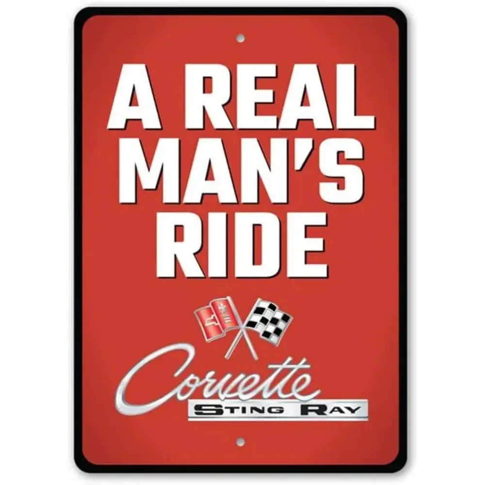 Vintage Aluminium Red Real Man's Ride Racing Flag Tin Sign, Classic Sports Car Text Wall Decor for Garage & Man Cave Home
