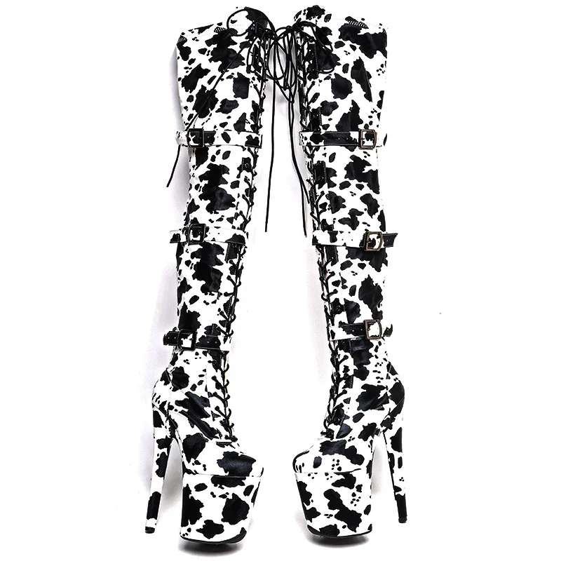 Leecabe 20CM/8inches Matte PU Cow pattern Upper Fashion trend closed toe platform High Heel stripper heels Pole Dance boot