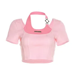 Women Pink Slim Crop Top Short Open Navel Top Hanging Neck Short Sleeve Harajuku Tshirt Square Neck Black Vintage Y2K Summer Top