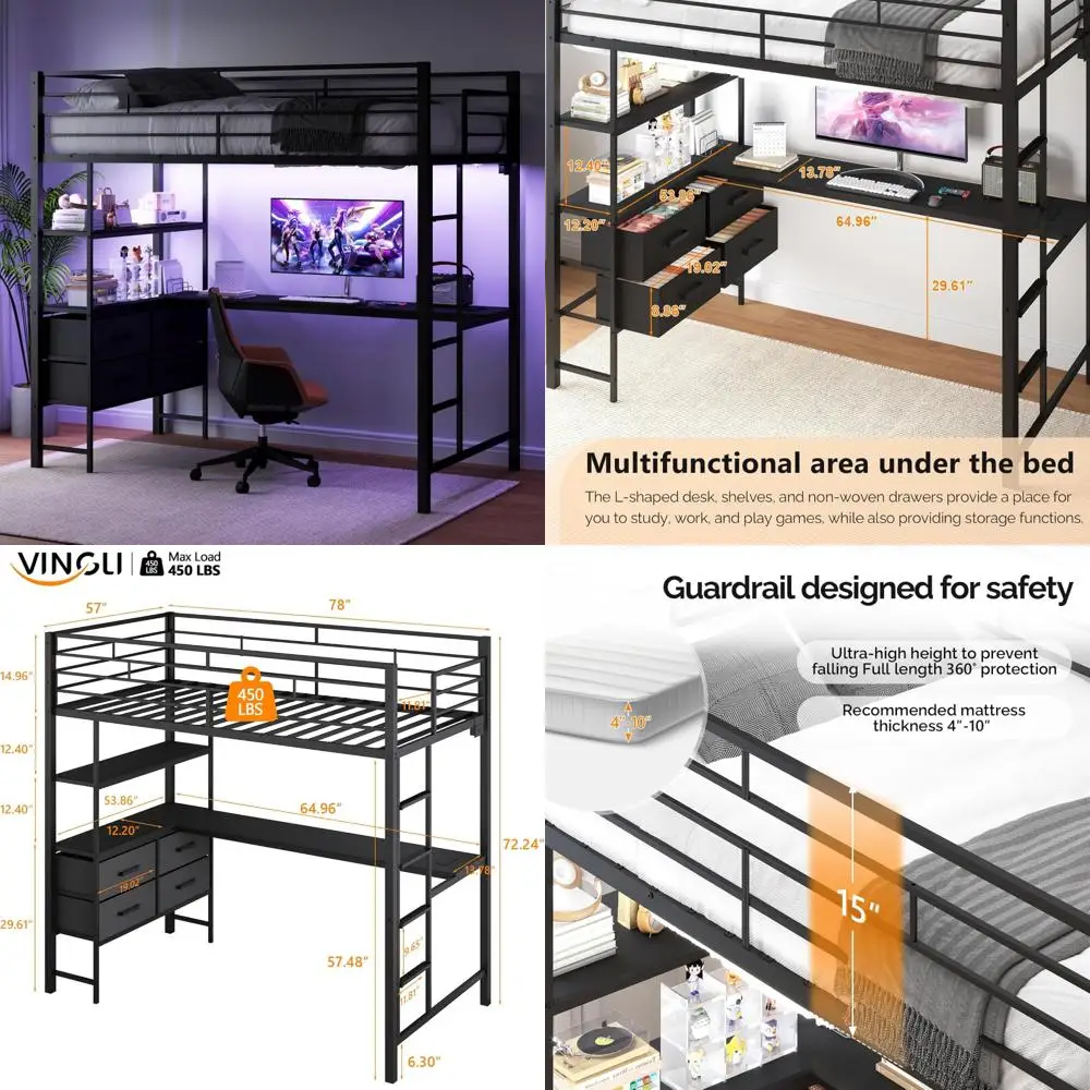 إطار سرير علوي معدني كامل من VINGLI مع مكتب على شكل حرف L، حاجز حماية مقاس 15 بوصة، سلم غير قابل للانزلاق، محطتين شحن، أرفف تخزين/ #1
