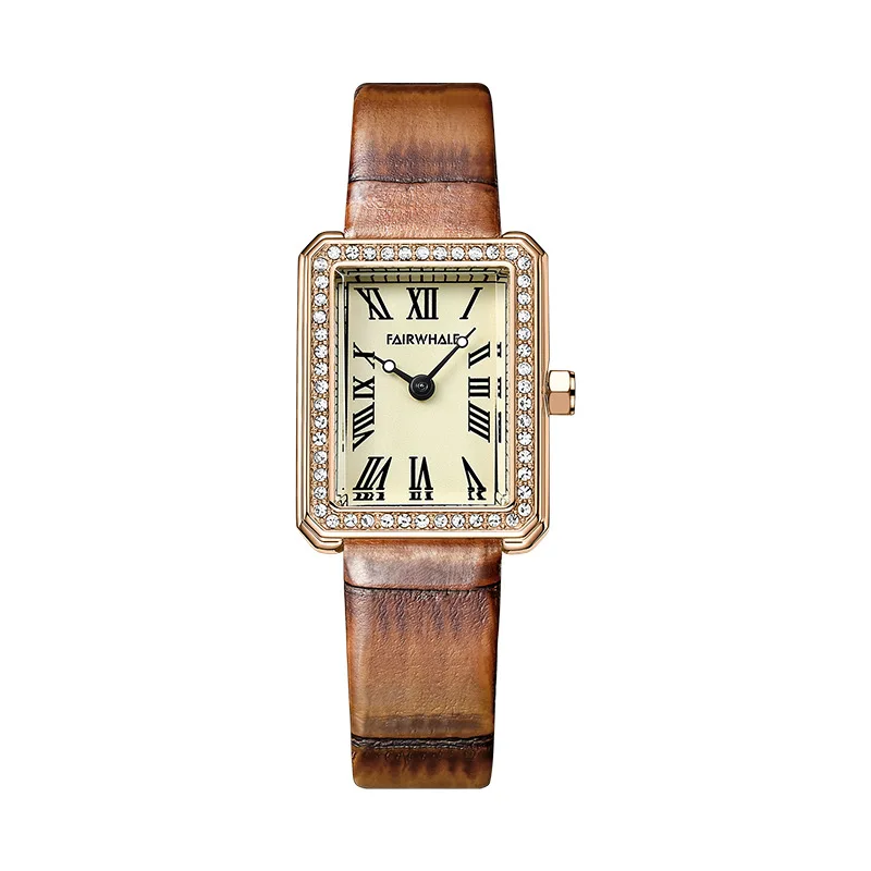 Retro Diamond Square PU Leather Watch with Ultra Thin Quartz Movement Waterproof Pin Buckle for Women in Trendy Style