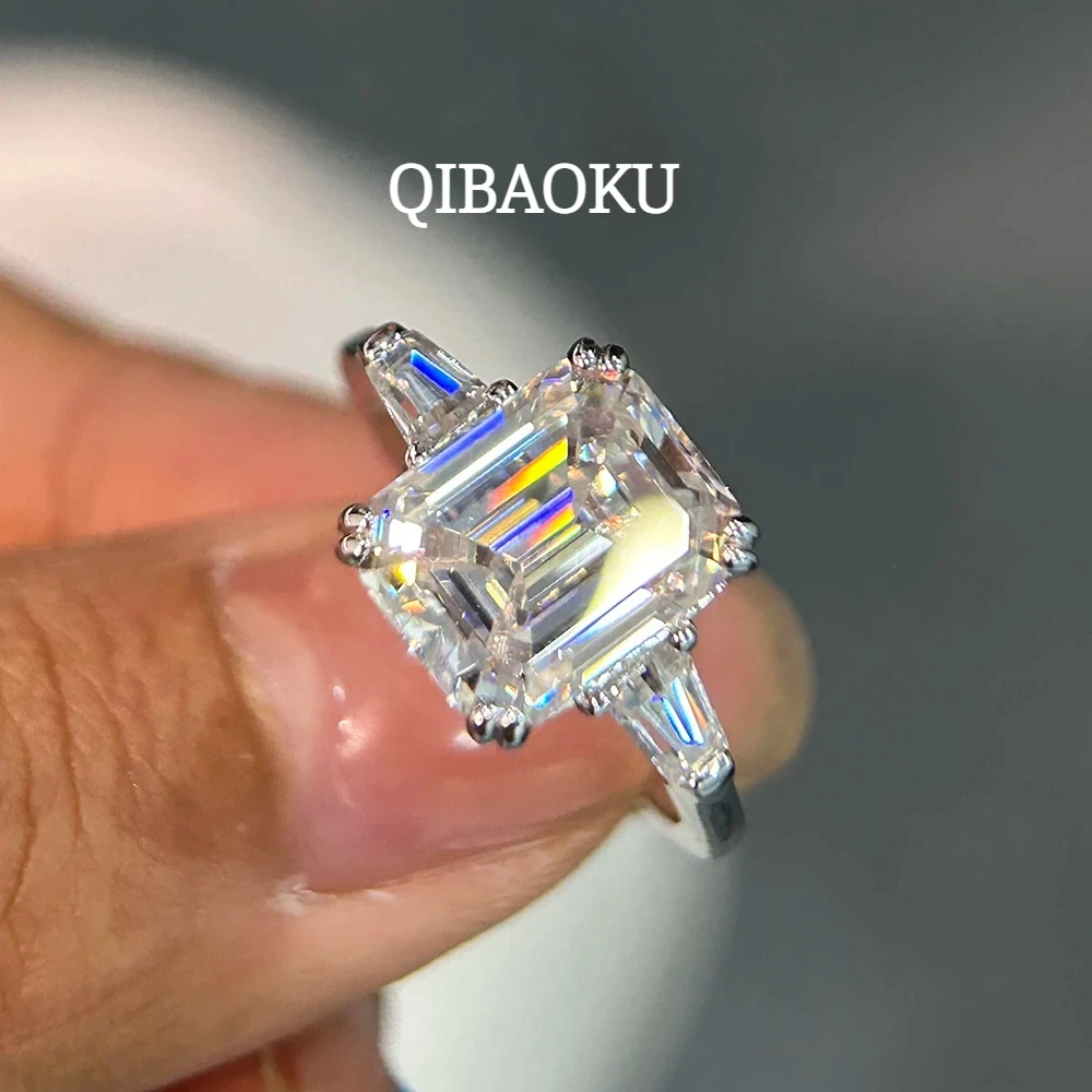 QIBAOKU 1/2/3/4CT Emerald Cut Full Moissanite Rings S925 Silver GRA Certified Three Stones Diamond Women Men Wedding Jewelry