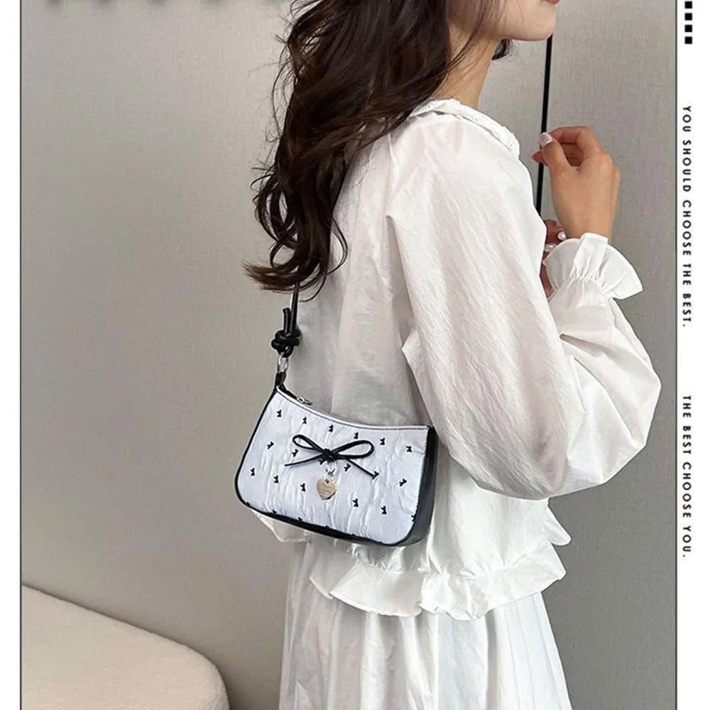 Korean-Style Sweet Bubble Gauze Bowknot Underarm Bag for Women, High-End Black and Pink Color-Blocking Shoulder Crossbody Bag, Commuter Bag