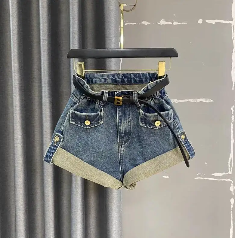 2024 New Spring Summer High Street Denim Shorts Women High Waist Wide Leg A-Line Curling Short Jeans no belt s526