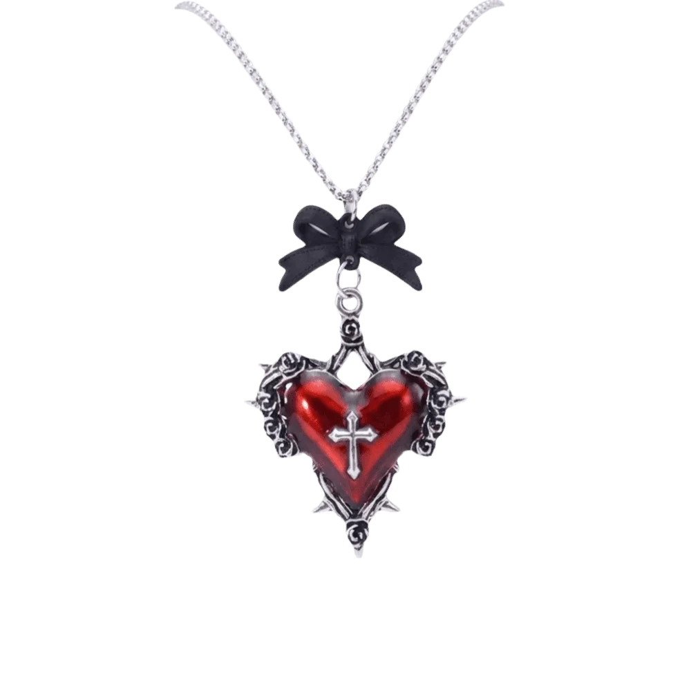 Dark Aesthetic Vintage Gothic Cross Necklace Zinc Alloy Black Bow Pendant Clavicle Chain Heart Chic Halloween Thorn Choker Party