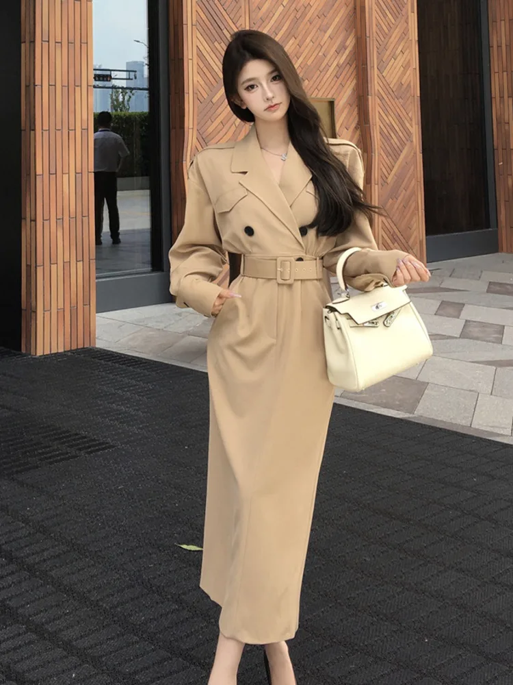 High Quality French Elegant Fashion Long Dresses For Women 2024 New Fall Korean OL Windbreaker Dress Vestidos Largos Robe Femme