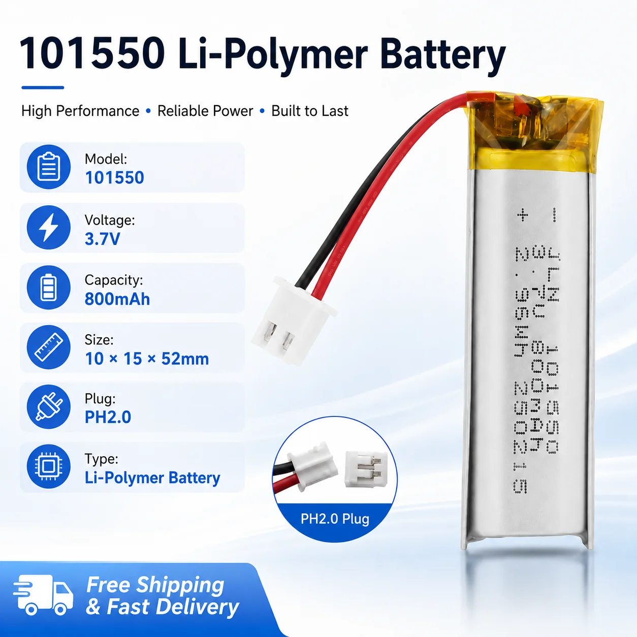 3.7V 800mAh Rechargeable Li-Po Battery 101550 with PH2.0 Connector for LED Lights Toys Audio Devices Replacement Battery - view 2