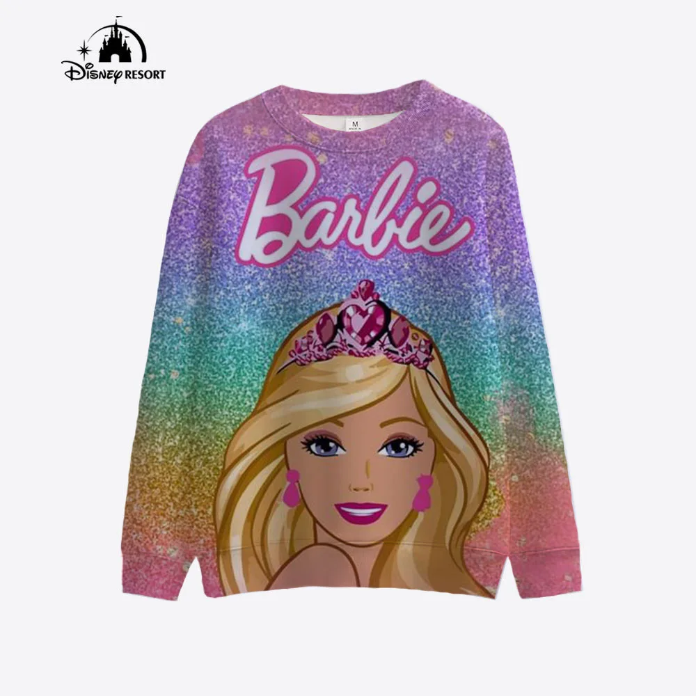 2024 New Barbie Princess Printed Spring and Autumn Round Neck Hoodie Casual Long Sleeve Round Neck Hoodie Pink Christmas Gift