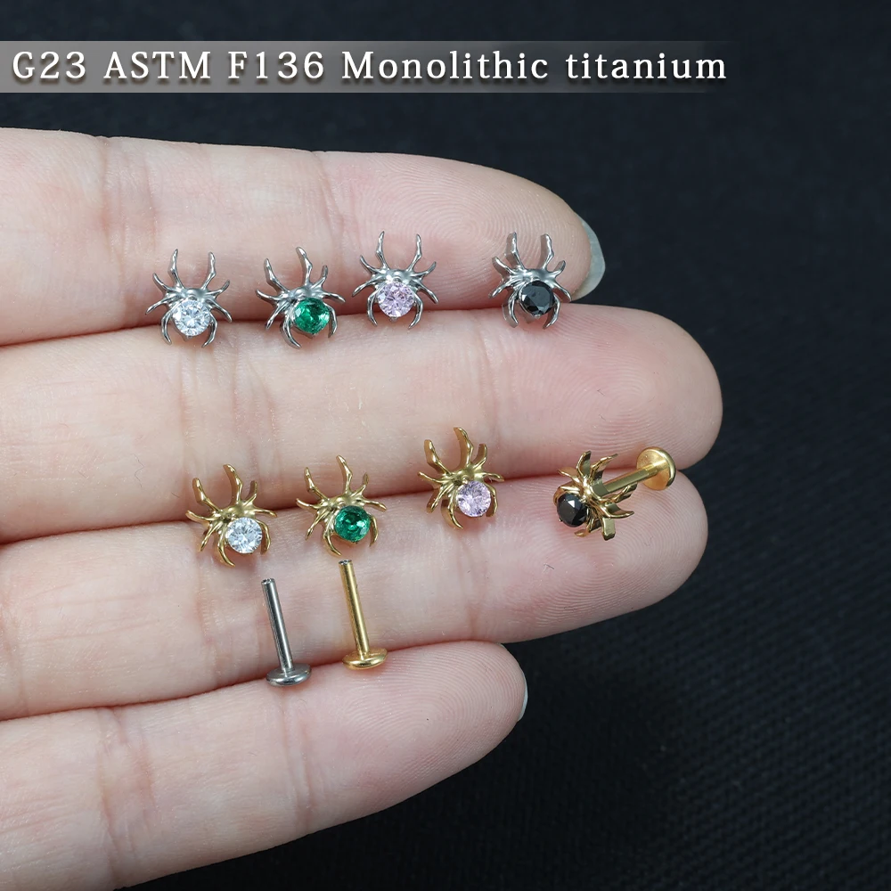 ASTM‑F136 Titanium Spider Labret Stud Ear Piercing Internally Threaded CZ Gem Spider Cartilage Tragus Helix Body Piercing Jewelr