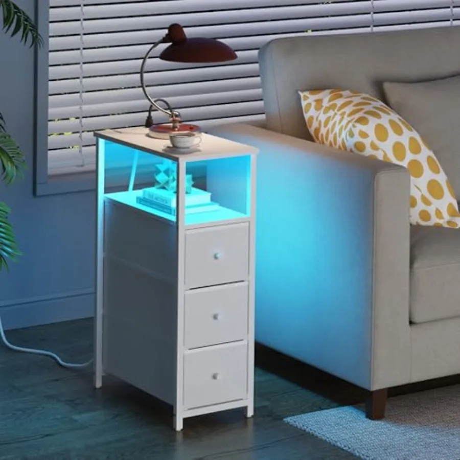 Narrow LED Night Stand Charging Station Slim End Table ins Tall Side Table with 3 Fabric Drawer Small Bedside Table with Storag