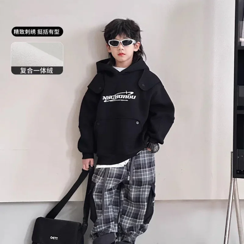 2024 Boys' Velvet Hoodie Autumn and Winter New Collection Children's One Piece Velvet Casual Loose Coat Children's Bottom