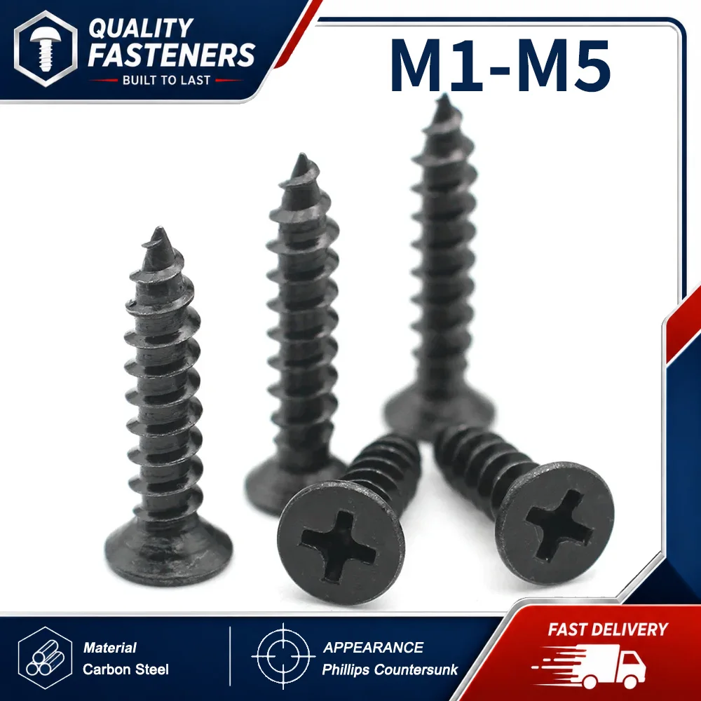 100pcs Black Carbon Steel M1 M1.2 M1.4 M1.5 M2 M2.6 M3 M3.5 M4 M5 Cross Phillips Countersunk Flat Head Self-tapping Screw