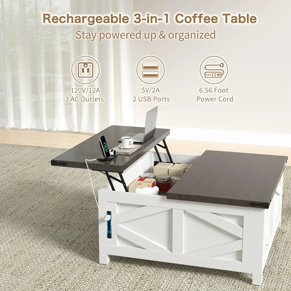 طاولة قهوة قابلة للرفع مع منافذ وشحن USB، وطاولة مركزية حديثة للمزرعة مع مساحة تخزين مخفية للشقة وغرفة المعيشة،