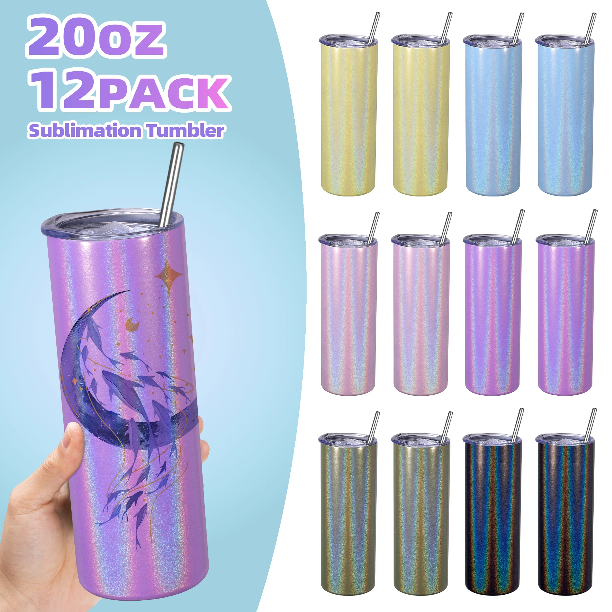 

12Pack20OZ Sublimation Blank Glitter Skinny Tumbler,white,Six Color Mixed Designfor Tumbler Heat Press Sublimation Oven Printing