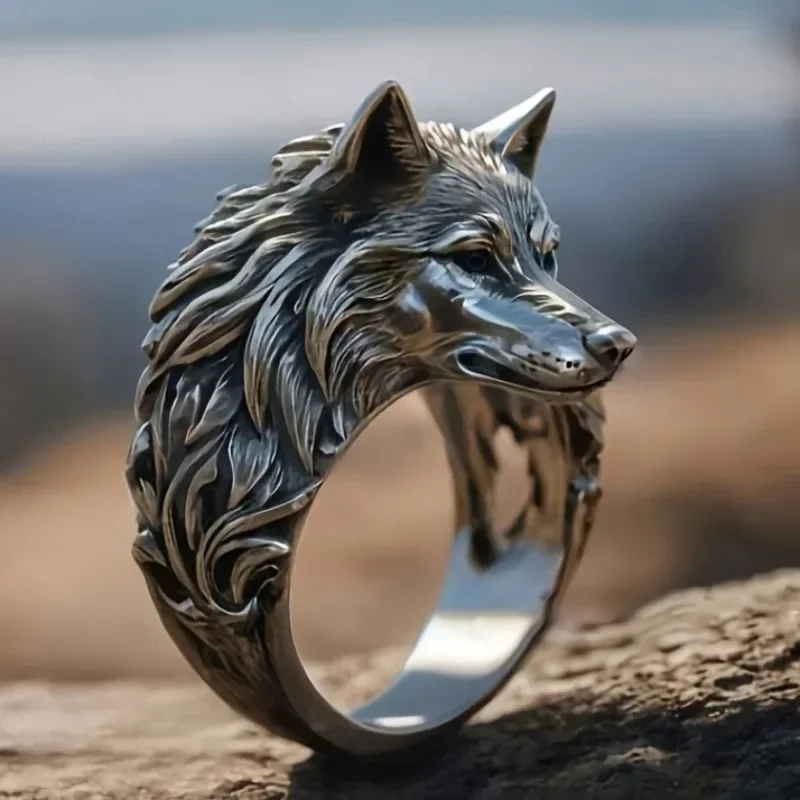 Vintage wolf head men trend animal exaggerated domineering hip hop personality open ring jewelry