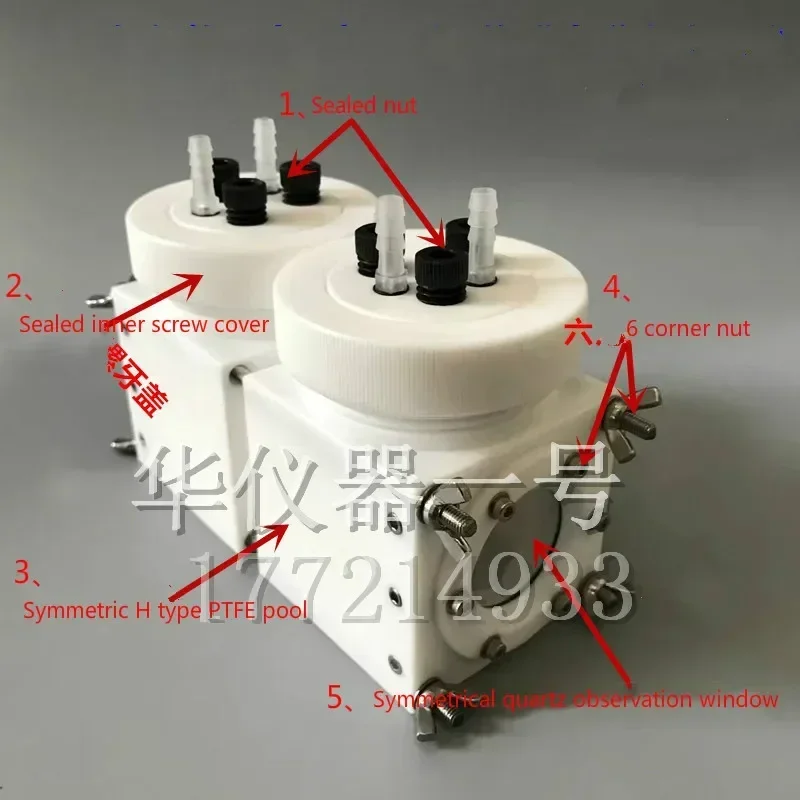 

Sealed electrolytic cell, fully PTFE H film exchangeable film electrochemical cell. Matching 3 electrodes.