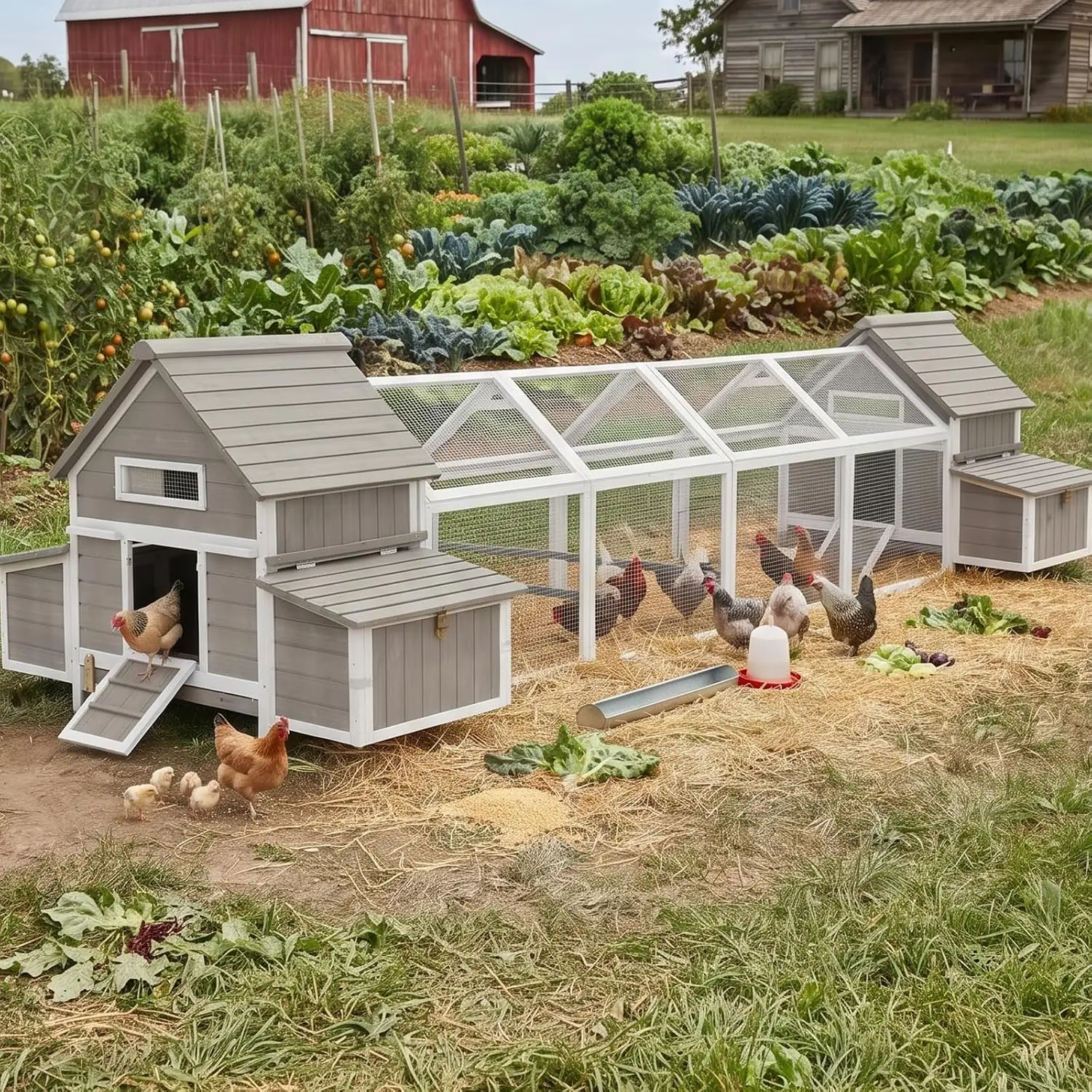 Outdoor Wooden Backyard Hen House, Rabbit Hutch Poultry Cage with 4 Ramp Doors,2 Swing Perches, Slide-Out Tray, Curved Roof