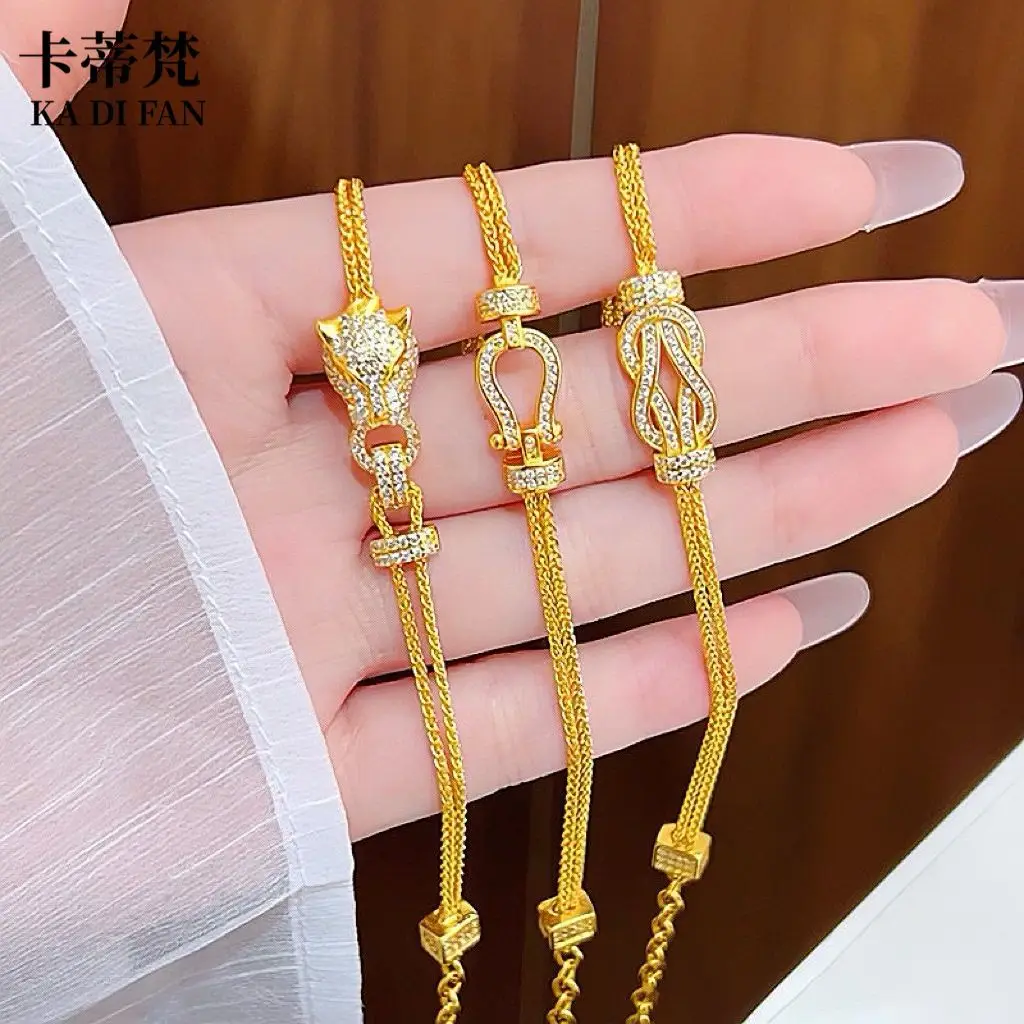 Luxury 9999 24K Solid gold certifid point diamond leopard head horseshoe buckle line bracelet fashionable real gold jewelry