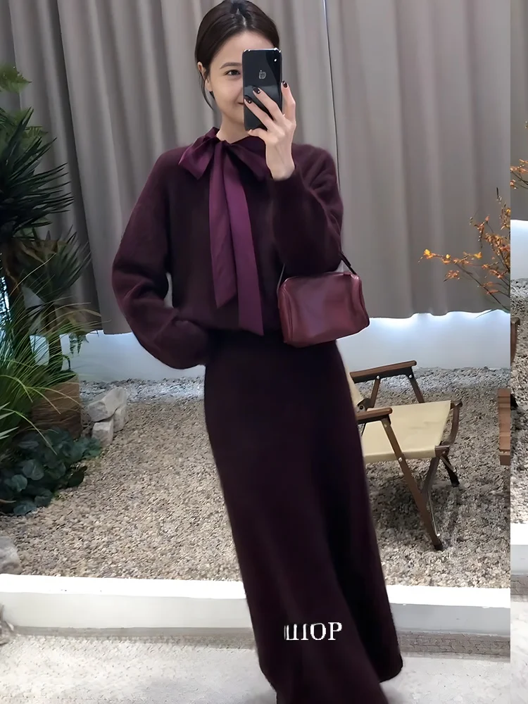 

Korean Style Women's Knitted Sweater And Skirt Set with Sash Autumn New Arrival Elegant Fashion Two-Piece Ensemble Long Sleeve