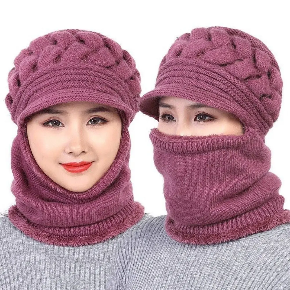 Chapeau tricoté chaud avec bord coupe-vent, Protection des oreilles, doublure polaire épaisse, ensemble chauffe-cou pour femmes, hiver
