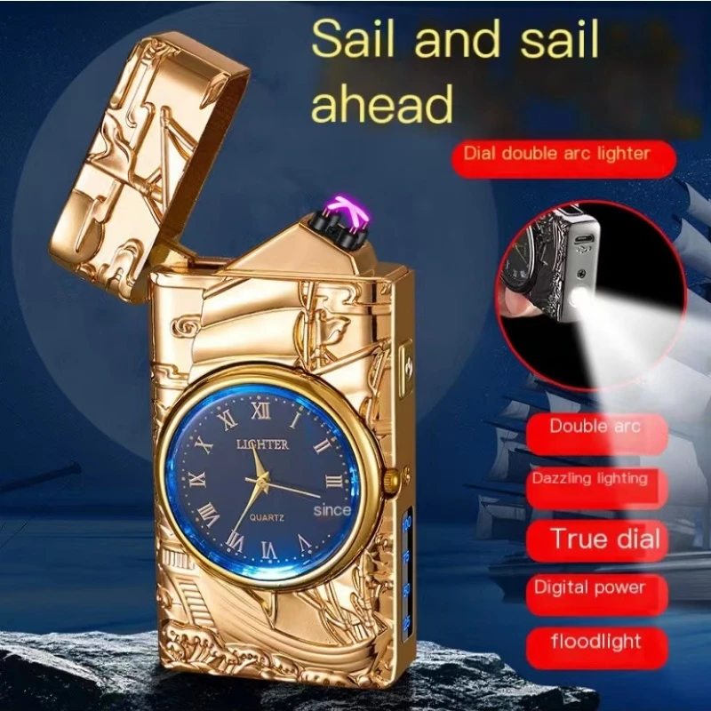 Dual Arc Electric Watch Lighter with Metal 3D Embossment,Colorful Dial,Digital Power Indicator & Illumination Lamp SmokingGadget