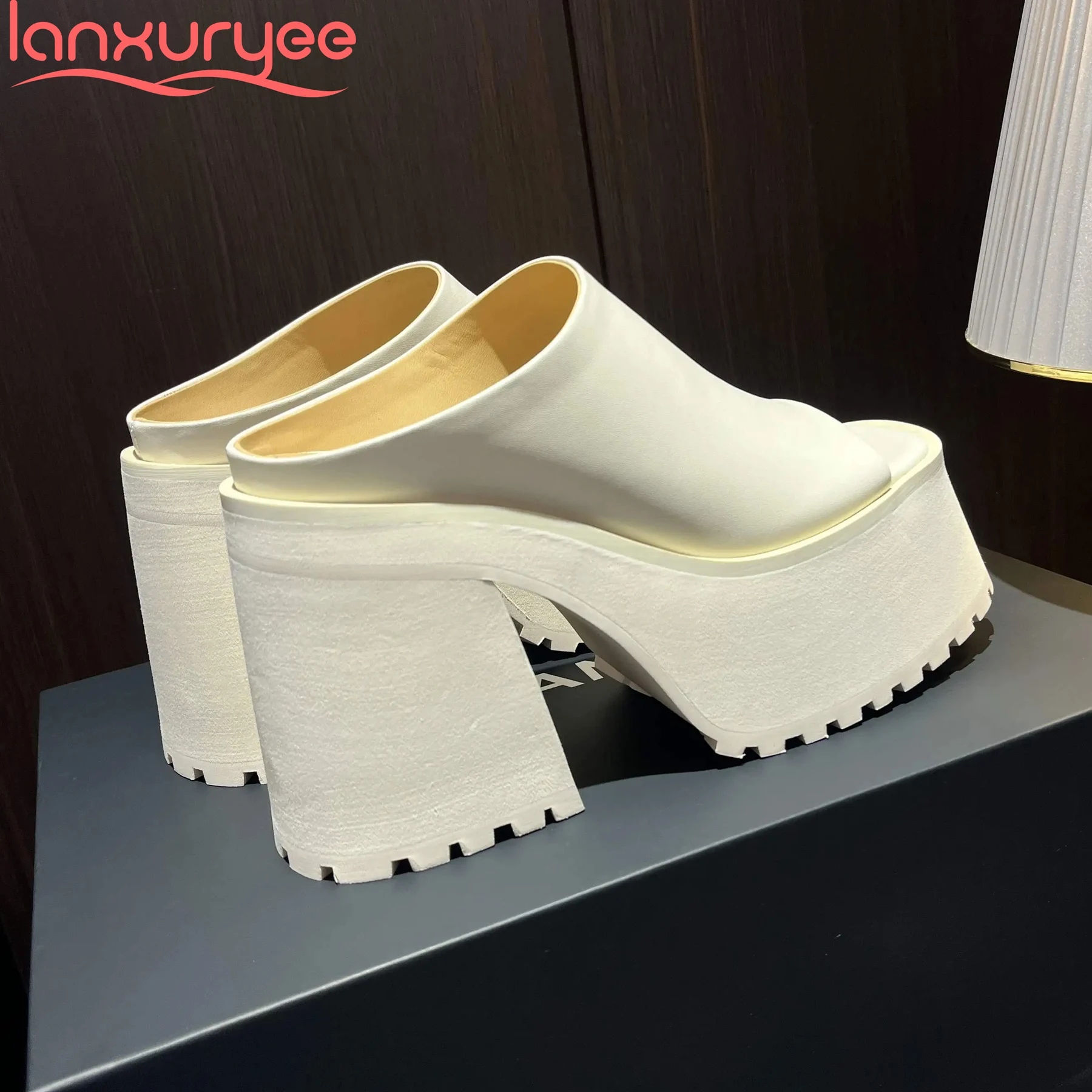 

Lanxuryee Handmade Cow Leather Peep Toe Slip On Super High Slingback Fashion Mules Casual Slides Comfort Platform Women Sandals