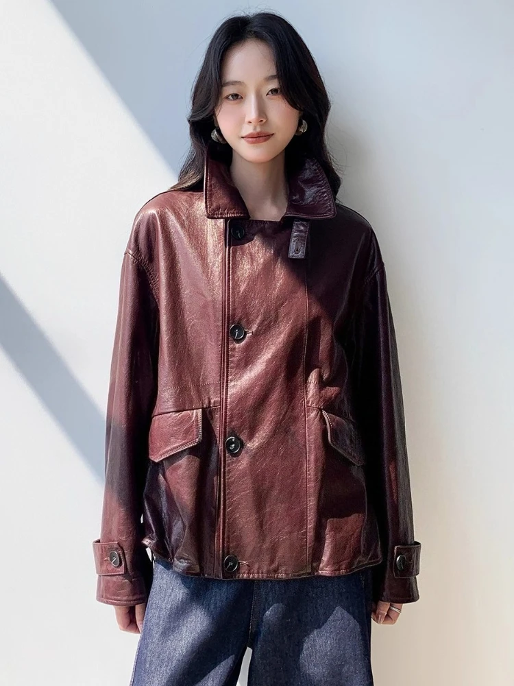 Lässige kurze Echtlederjacken für Damen, Frühling und Herbst 2022, neuer High-End-einfacher, lockerer, weicher Mantel aus echtem Ziegenleder