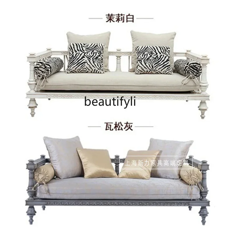 

A57 American French solid wood sofa white hollow carved living room retro low back three-person sofa bed