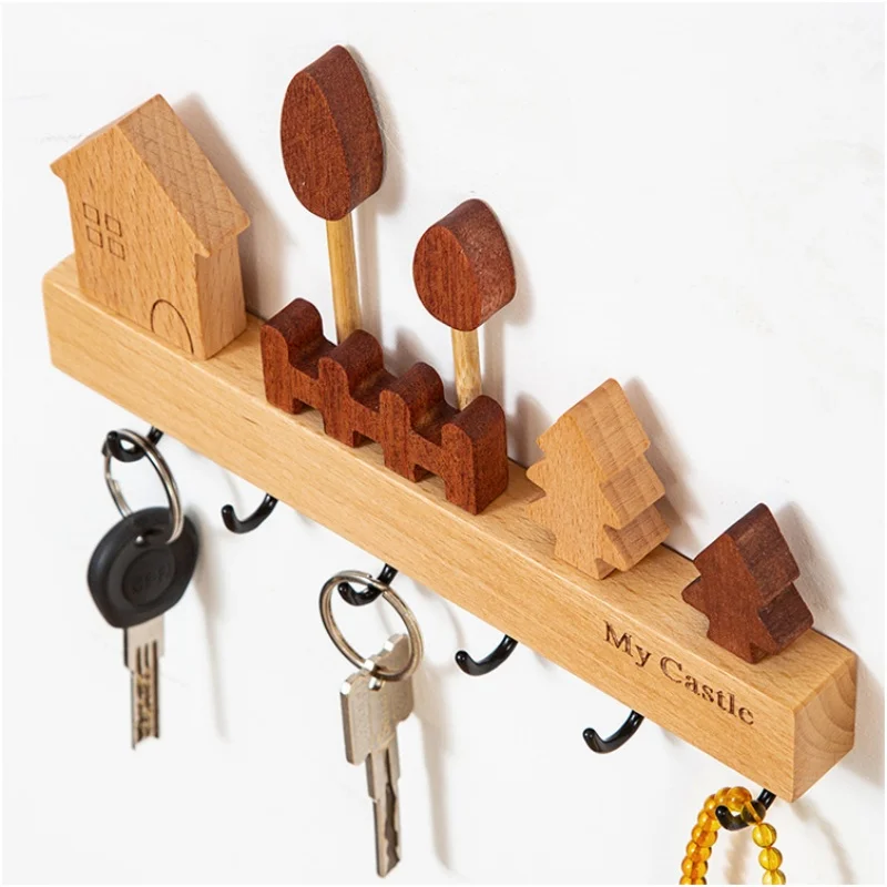 Creative New Wall Mounted Entrance Key Storage Rack With Solid Wood Wall Key Hooks, No Drilling Required Enter The Door