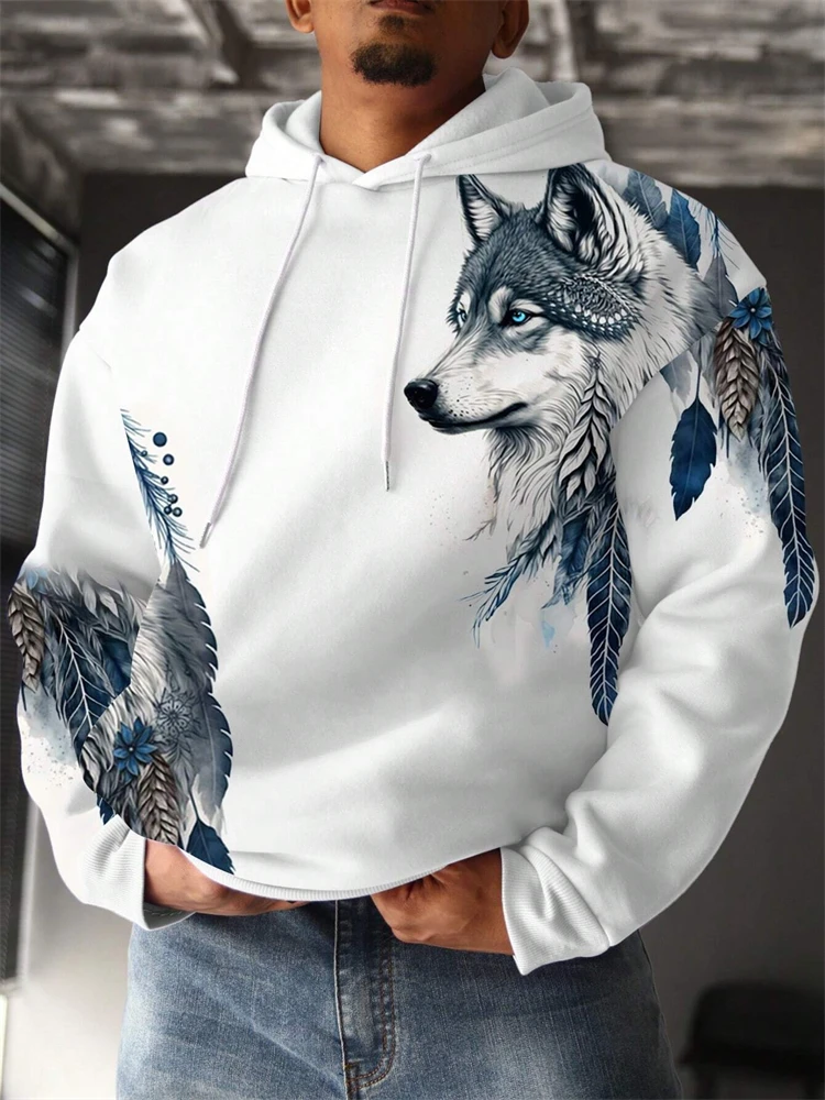 Wolf Printed Pattern Personalized Loose Large Size Hoodie Daily Outdoor Sports Casual Round Neck Long Sleeve Hoodie For Men