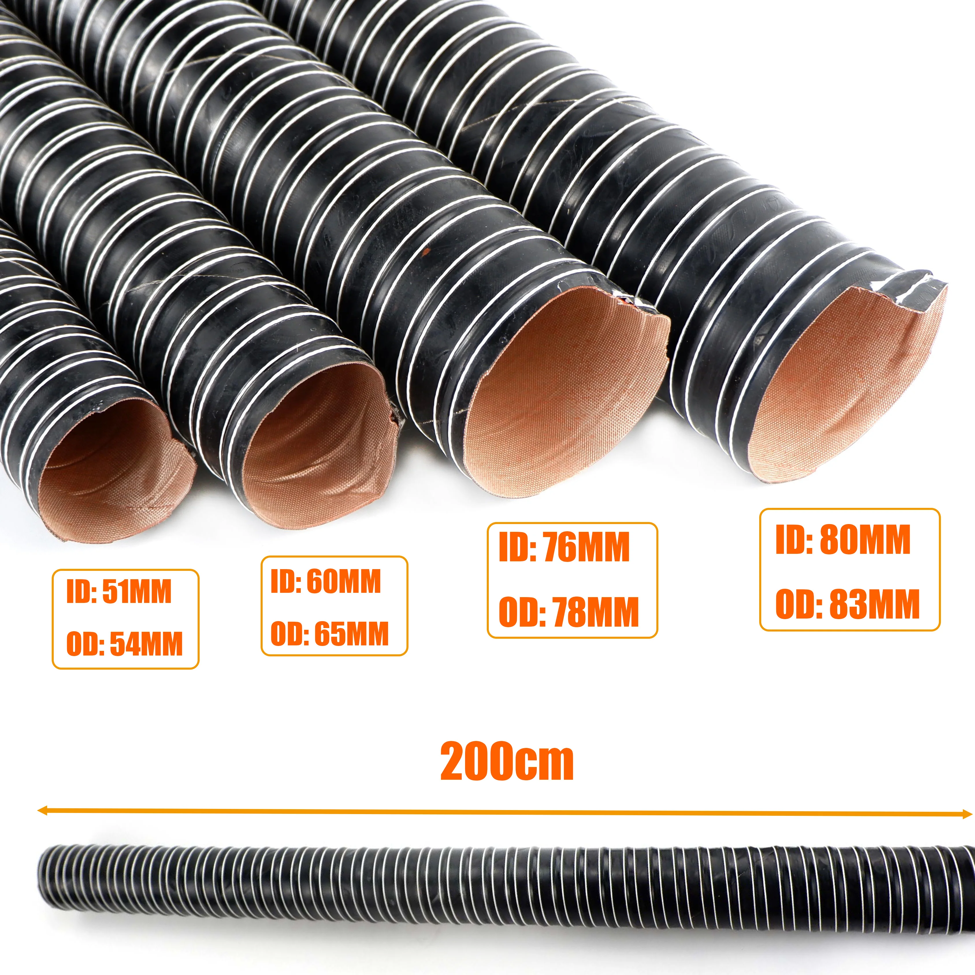 200CM 51mm 60mm 76mm ID Duct Pipe Diesel Heater Tube Hose Engine Intake Braking High Temp Resistant For Car Camper Truck Caravan