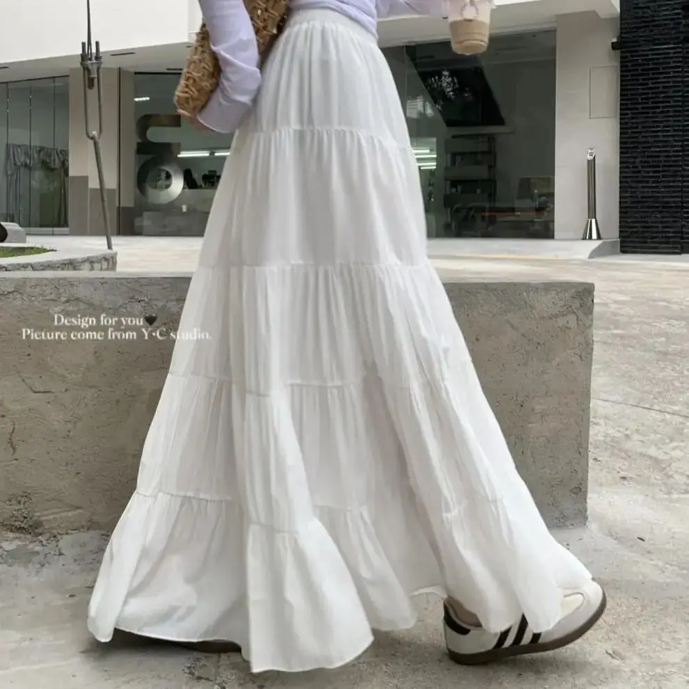 

White large swing umbrella skirt casual skirt for women 2024 summer new high-waisted A-line skirt cake skirt long skirt