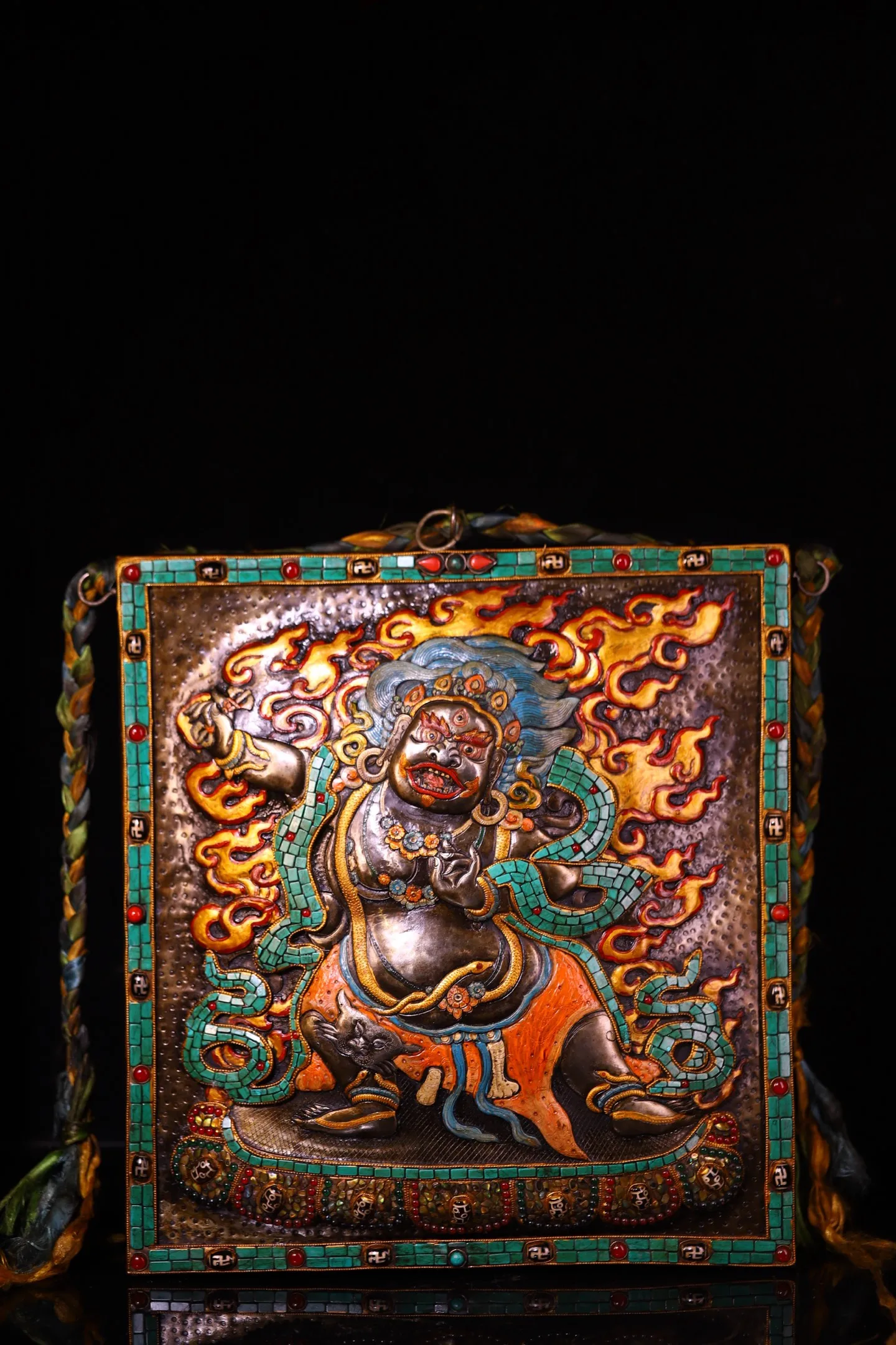 Old Tiantie Painted Mosaic Gem gZi Beads Turquoise Black Jambhala Standing Buddha Thangka hanging panel Amulet Dharma Town house