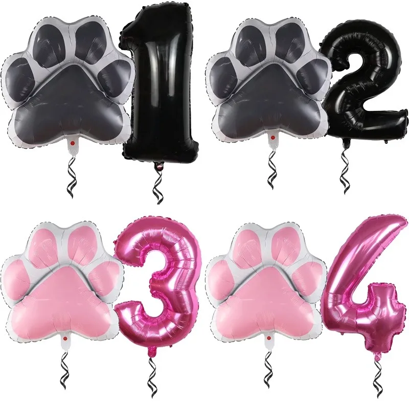 2pcs/set Let's pawty Big Dog Paw Aluminum Balloon 32 inch Pink Black 0 1 2 3 4 5 6 7 8 9 Year Birthday Party Decor Balloon Baby