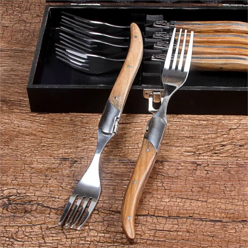 Roestvrij Staal Steak Vork Bestek Set Olijf Houten Handvat Vork Nul Afval Westerse Servies Bento Keuken Accessoires Geschenkdoos
