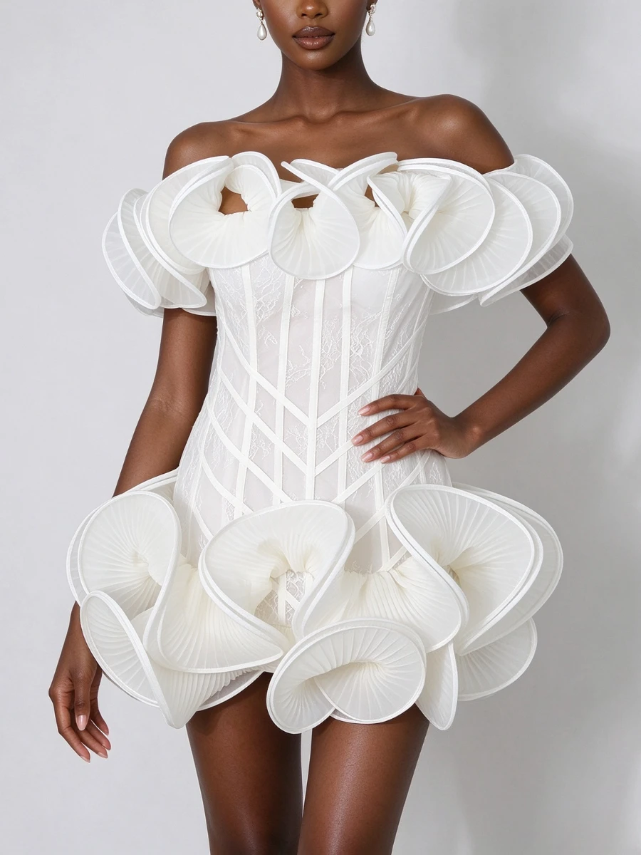 VGH Romantic 3D Folds Mini Women Dresses Strapless Sleeveless Elegant Fitted Dress for Party Evening Outing Wear Fashion Summer