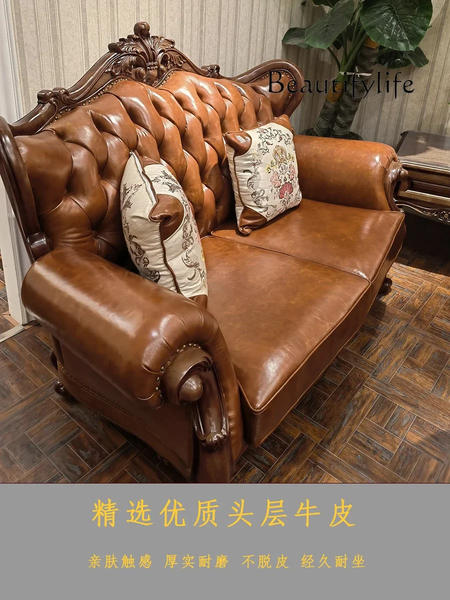 American Sofa Carved Genuine Leather Sofa Living Room Furniture European Black Walnut Leather Sofa